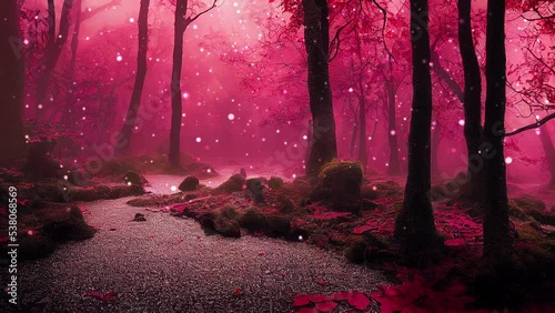 Enchanted red fantasy forest with floating glowing fairy lights. Atmospheric, ambient, created with generative ai