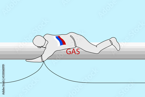 man in a t-shirt with the Russian flag is crawling through a pipe with gas - one line drawing vector. concept Russian gas policy in Europe