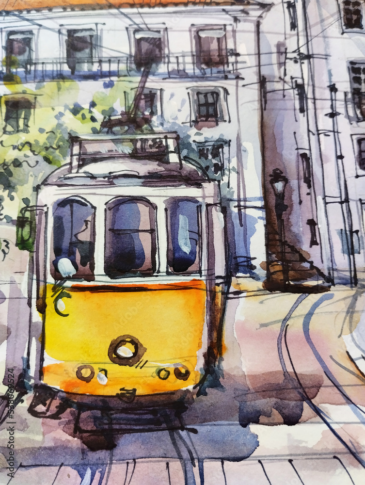 Abstract background. Color spots. Brush strokes. Watercolor painting. Lisbon Cityscape