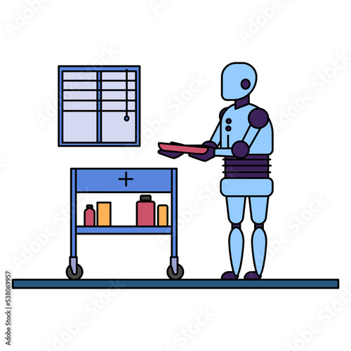 Supply Delivery Robot Concept, cobot collaborative robot vector color icon design, Robotic medicine symbol, Healthcare Scene Sign, Innovation Artificial Intelligence Work in Modern Clinic stock illust