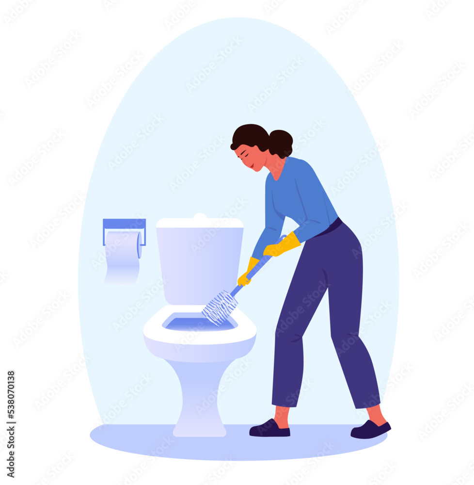 Woman cleaning the toilet with detergent and brush. Wiping. Housewife at home.  Housemaid cleaning the apartment. Cleaning service. Cleaner app. Icon. Cleaning application design. Flat illustration.