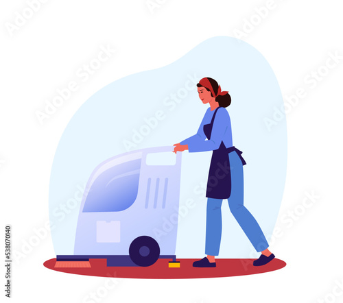 Woman washing the floor with scrubbing machine. Industrial vacuum cleaner. Housewife at home. Housemaid cleaning the apartment, office. Cleaning service. Cleaner app. Icon. Cleaning application 