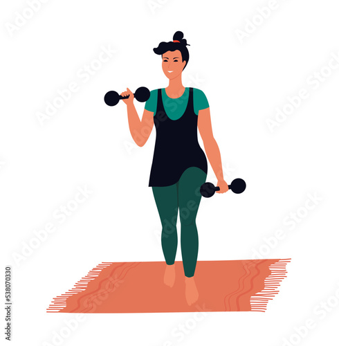 Young woman training with dumbbells.  Girl doing exercises. Muscle mass. Healthy lifestyle. Flat vector illustration.