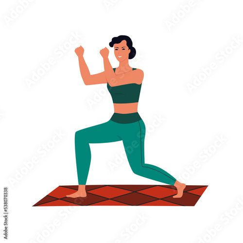 Young doing dynamic lunge.  Girl doing exercises. Stretching. Muscle mass. Healthy lifestyle. Flat vector illustration.