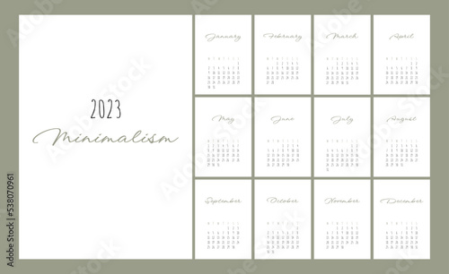 Calendar 2023 Trendy Minimalist Style. Set of 12 pages desk calendar. 2022 minimal calendar planner design for printing template. vector illustration