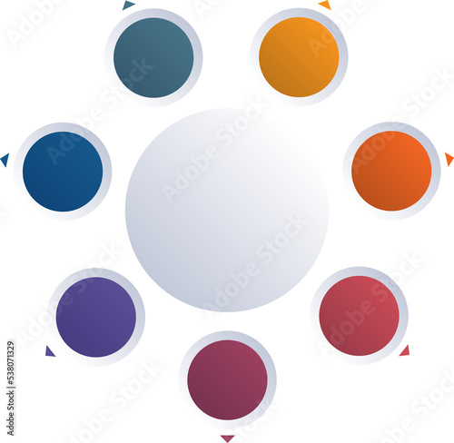 Pie chart from colorful circles, infographics for seven positions, isolated