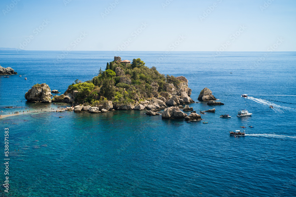 isola Bella island in Taormina, Sicily on a sunny day, view from above isola Bella island in Taormina, Sicily on a sunny day, view from above