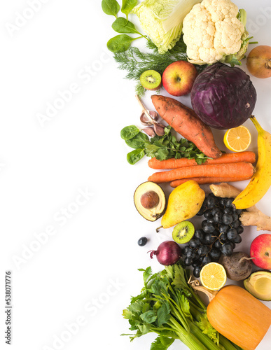 Vegetable banner isolated on white background with falling vegetables and fruits. Diet, healthy eating, lifestyle