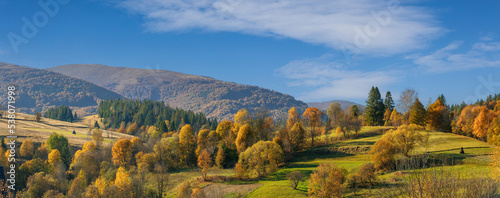Majestic autumn wide-angle scenery of Carpathian mountains. Ukraine.