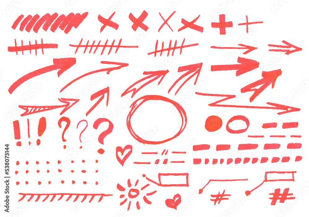 PNG transparent big bundle collection of red marker highlighter spots,  marks, lines, circles, arrows and underlines Stock Illustration