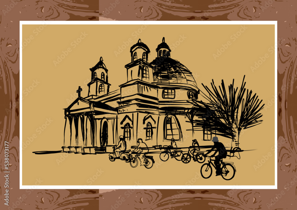 Art prints and wall decorations, interior elements sketch drawings of churches in the old city of Semarang, Central Java, Indonesia