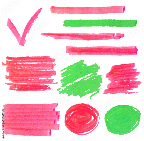 PNG transparent translucent green and red highlighter spots, marks and underlines 