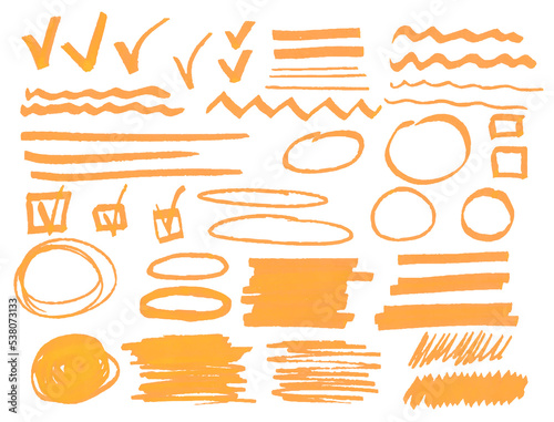 PNG transparent big bundle collection of orange highlighter spots, check marks, lines, circles and underlines	 photo