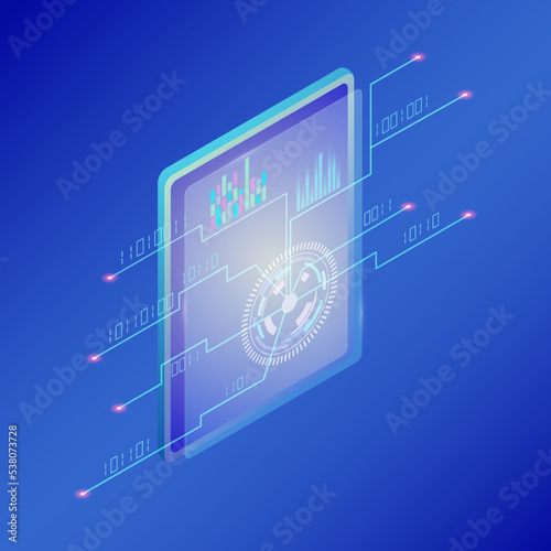 Outline Cyber Security Concept with Tablet Computer. Isometric Illustration in Blue Colors. Data Protection Concept.