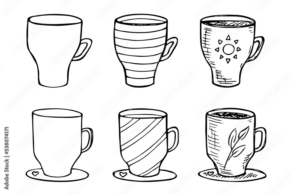 Obraz premium Cute cup of tea and coffee illustration. Simple mug clipart. Cozy home doodle set