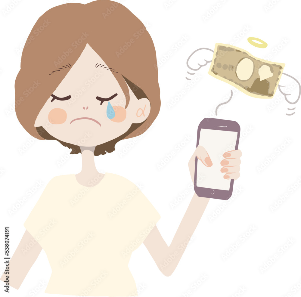 無駄遣いをしてしまって悲しい表情の女の子のイラスト(スマホ決算バージョン) 無駄遣いをしてしまって悲しい表情の女の子のイラスト(スマホ決算バージョン)
