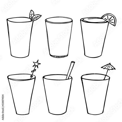 Cute cups of water, milkshake, juice and soda. Drink illustration. Simple cocktail clipart set