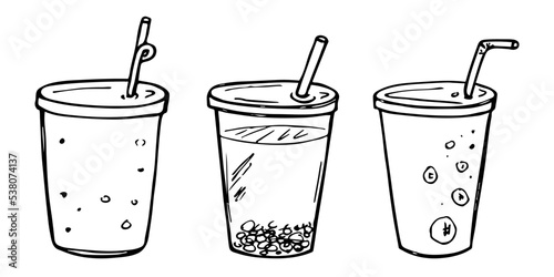 Cute cups of water, milkshake, juice and soda. Drink illustration. Simple cocktail clipart set