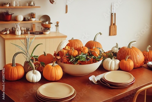 thanksgiving kitchen meal with pumpkins