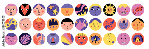 Funny cartoon characters. Abstract circle illustration set, doodle happy trendy avatars, smile people portrait, contemporary social media covers, hand drawn vector unicorn cat and sun, trendy forms