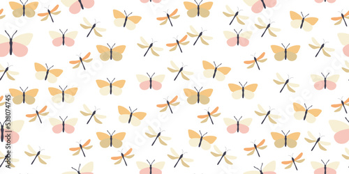 Fototapeta Naklejka Na Ścianę i Meble -  Dragonflies and butterflies in pastel colors. Delicate seamless children's pattern for printing on fabric and paper.