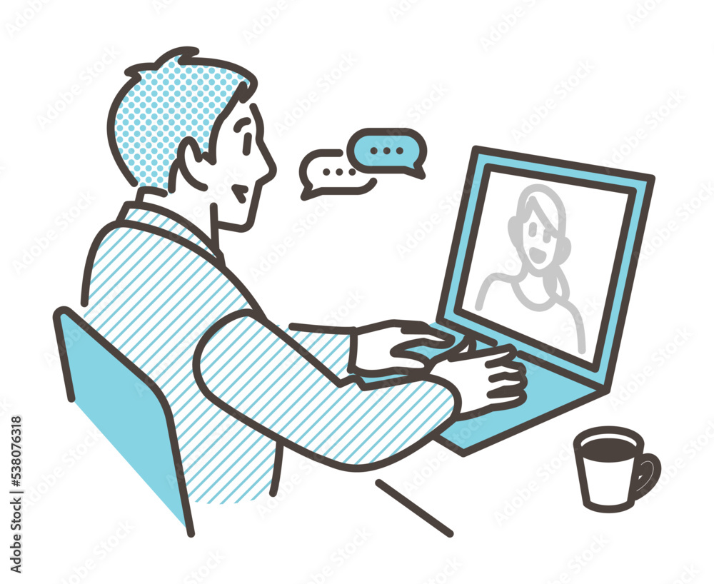 Male businessperson having an online meeting on his laptop while teleworking [Vector illustration].