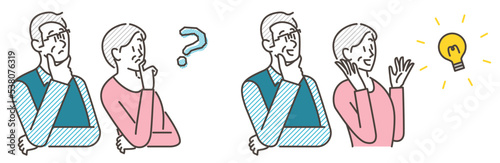 Set of a senior couple with problems and questions, and a senior couple happy that their problems have been solved [Vector illustration].