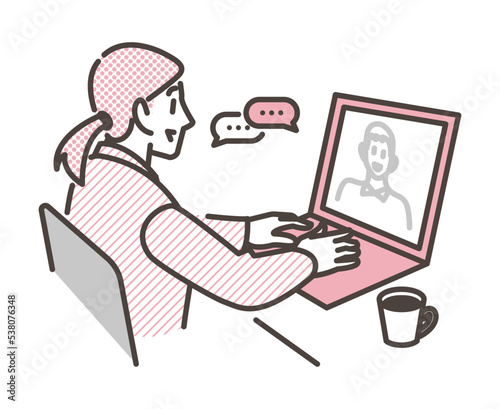 Female businessperson having an online meeting on her laptop while teleworking [Vector illustration].