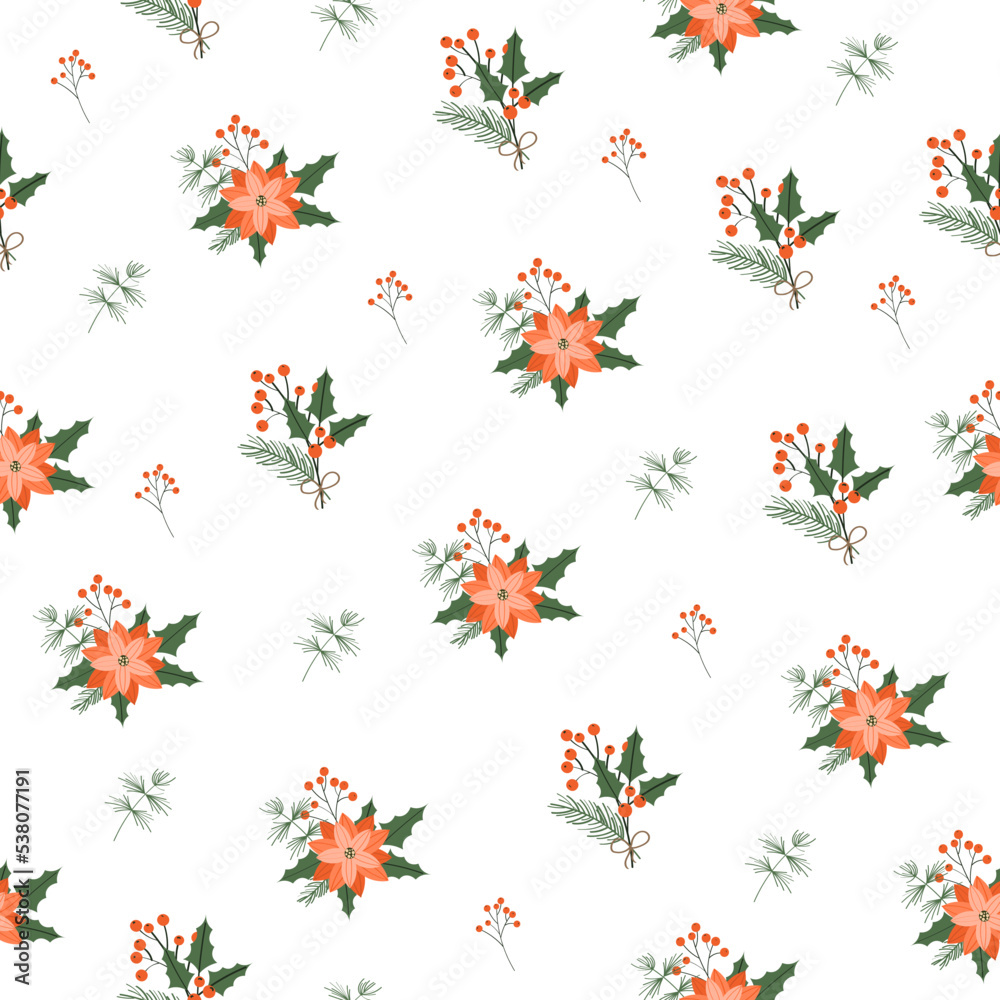 Seamless pattern of Christmas red poinsettia flower, christmas greenery. Christmas pattern for surface design, wallpapers, fabrics, wrapping paper. Vector hand draw illustration. Seamless pattern of Christmas red poinsettia flower, christmas greenery. Christmas pattern for surface design, wallpapers, fabrics, wrapping paper. Vector hand draw illustration.