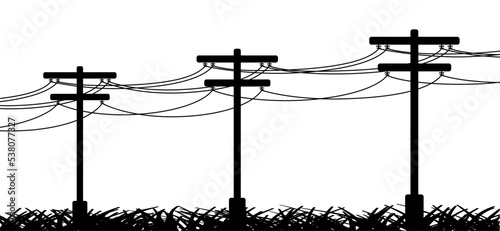 Tangent towers. High voltage pole, electric wires and telephone cable, wire line pylon, poles network. Broken electric pylons, power transmission line. Cartoon for socket, electricity cable circuit. 