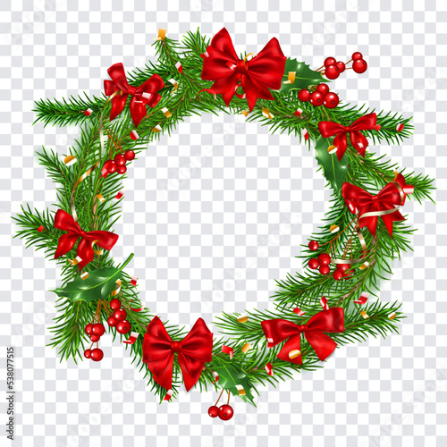 Festive door Christmas wreath made of pine branches, colored bows, pieces of serpentine, holly leaves and red berries, isolated on transparent background