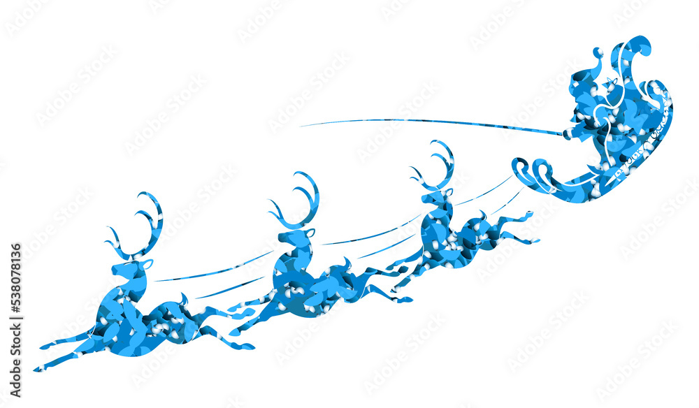 Fototapeta premium Element for Christmas design.Textured silhouette of Santa Claus on a sleigh with reindeer and blue tint snowflakes.