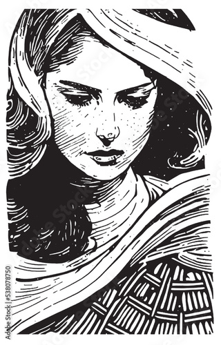 Attractive young woman illustration. Lice cuted style drawing of beautiful woman portrait.