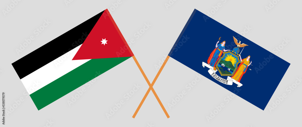Crossed flags of Jordan and The State of New York. Official colors. Correct proportion Crossed flags of Jordan and The State of New York. Official colors. Correct proportion