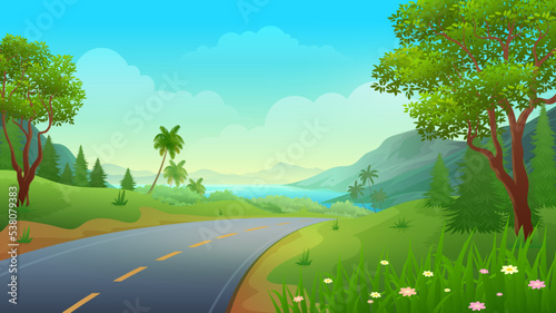 Highway on a hill with beautiful sea and mountain views, nature landscape background