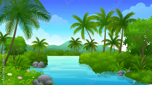 Lush bushes and coconut trees by the sea, beautiful seaside cartoon landscape illustration 