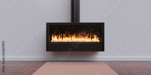 Burning fireplace, cozy home interior. Fire burning, freestanding gas stove photo