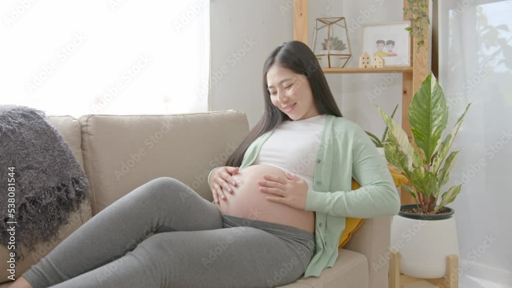 Young asian pregnant woman hands fondle on belly sitting on sofa at home. Pregnancy, maternity, preparation and expectation concept. Young asian pregnant woman hands fondle on belly sitting on sofa at home. Pregnancy, maternity, preparation and expectation concept.