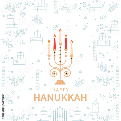 Happy Hanukkah Greeting Card With Illuminated Candelabra On Festival Element Pattern Background.