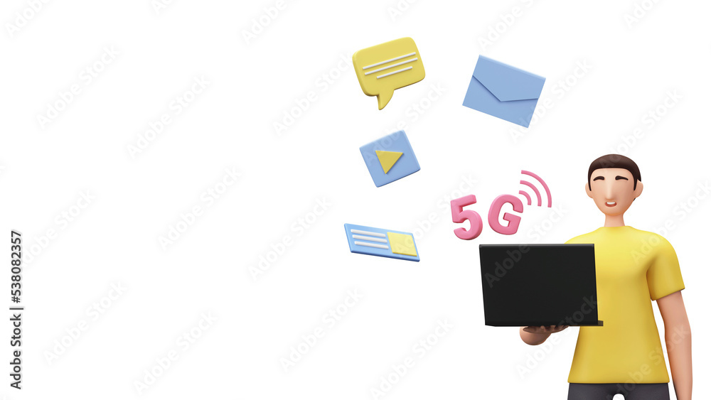 3D Man Using High Speed 5G Network In Laptop With Chat Box, Video Play And Copy Space. 3D Man Using High Speed 5G Network In Laptop With Chat Box, Video Play And Copy Space.