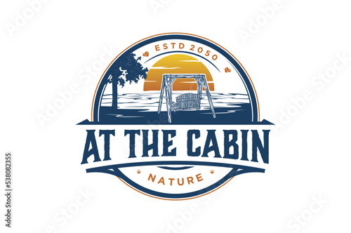 Wooden bench logo outdoor river lake scene design illustration badge rounded shape 