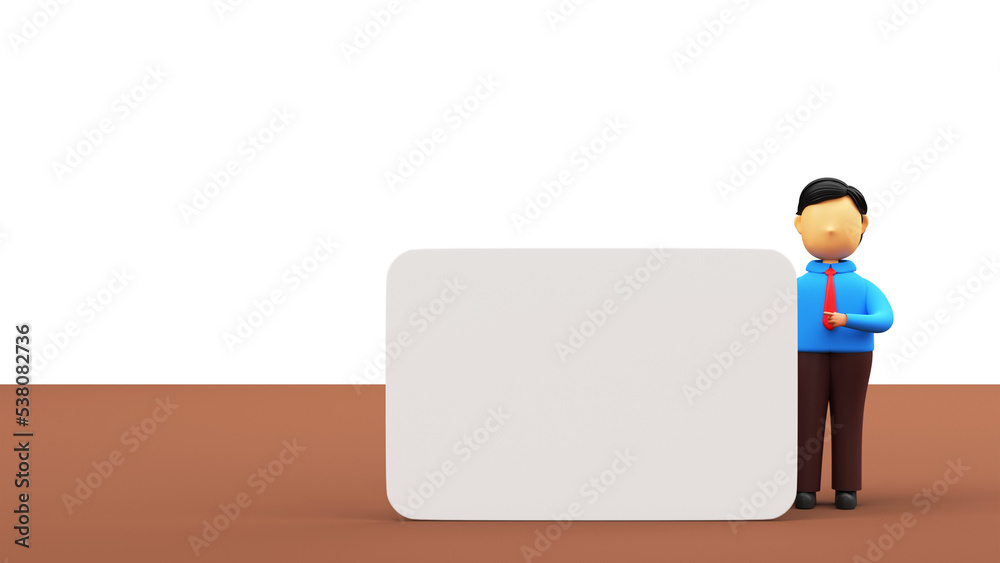 3D Businessman Showing Empty Board Against White And Copper Background.