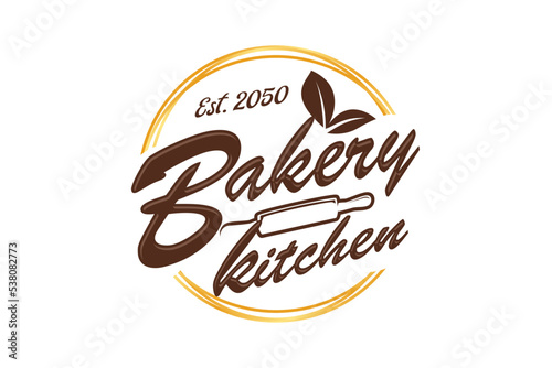 Bakery kitchen logo design with rolling pin cake bake icon vintage badge food drink