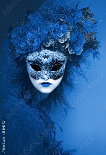 Woman with Venetian carnival mask, concept art, digital painting with texture, blue colour tones. Created with generative ai technology