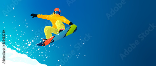 А snowboarder rushes down. Blue sky on the background. Snow splashes. dynamic vector illustration. banner	