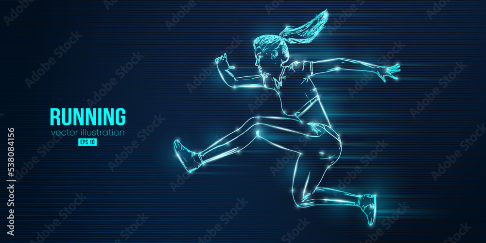 Abstract silhouette of a running athlete on blue background. Runner woman are running sprint or marathon. Vector illustration