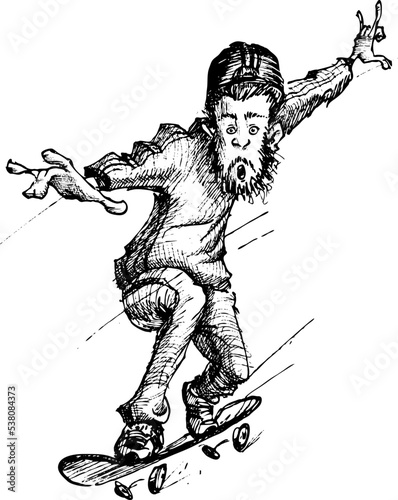 Drawing of a young man riding skateboard. Illustration of skater doing tricks hand drawn.