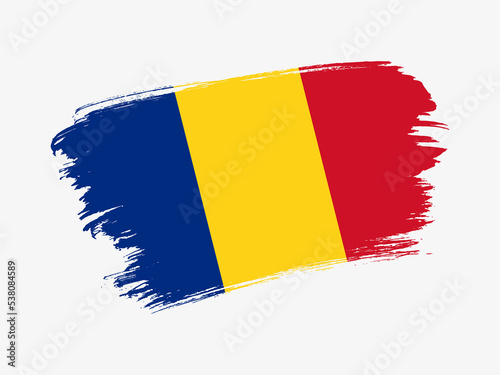 Romania flag made in textured brush stroke. Patriotic country flag on white background