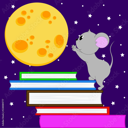 A cute mouse climbs up to the moon on the stairs from the books
