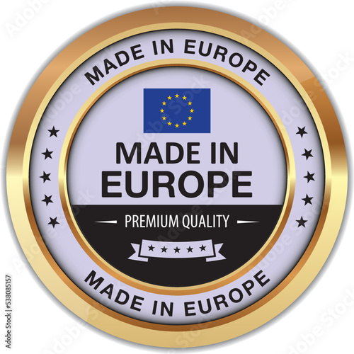 Made in Europe. Vector Golden Badge with European Union Flag.